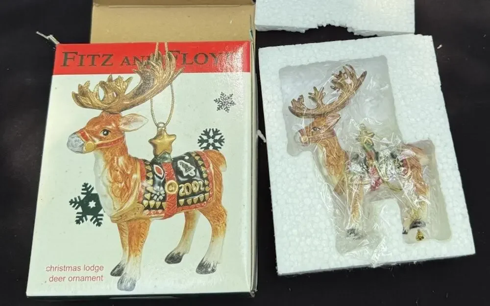 New Fitz and Floyd 2002 Reindeer Christmas Ornament Hand Painted Ceramic -46D